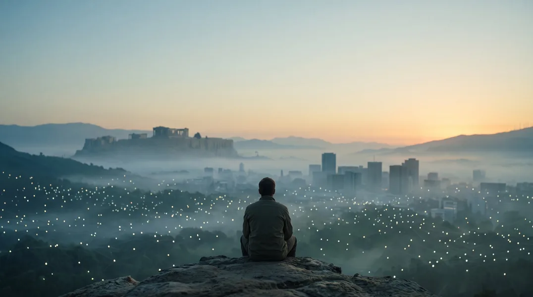 Person sitzt bei Morgendämmerung auf einem Felsen und blickt über ein nebliges Tal mit antiker Akropolis, moderner Skyline und feinen Lichtpunkten, die wie ein Netz über der Landschaft liegen