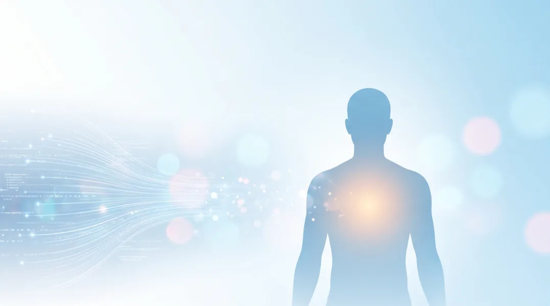 Ruhige Silhouette eines Menschen im Strom digitaler Daten, Sinnbild für Resilienz im KI-Wandel